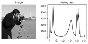 Imagem e respectivo histograma, gerados pelo script (escala de cinza)