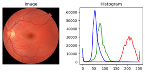 Imagem e respectivo histograma, gerados pelo script (cores RGB)
