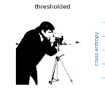 Imagem original, imagem com limiar e gráfico com valores de entropia cruzada em função de cada limiar (limiar ótimo assinalado com reta vertical; "caminho de otimização" em laranja)