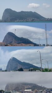 Quatro fotos, obtidas de pontos próximos mas em diferentes momentos, para ilustrar o processo de formação da nuvem do levante no dia 31/05/2024: 12:00, 12:18, 12:22 e 16:20 (de cima para baixo, horário local). Fotos: ViniRoger