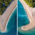 Praia de Zlatni Rat (Croácia) nos dias 27 (esq.) e 29 de outubro de 2018, antes e depois da ocorrência de ventos fortes. Fotos: Roni Marinkovic Photography