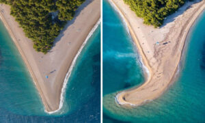 Praia de Zlatni Rat (Croácia) nos dias 27 (esq.) e 29 de outubro de 2018, antes e depois da ocorrência de ventos fortes. Fotos: Roni Marinkovic Photography