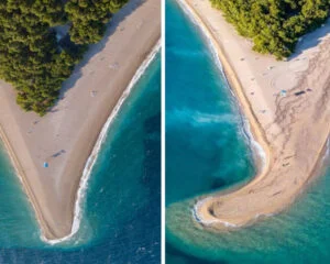 Praia de Zlatni Rat (Croácia) nos dias 27 (esq.) e 29 de outubro de 2018, antes e depois da ocorrência de ventos fortes. Fotos: Roni Marinkovic Photography