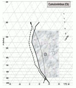 Perfil vertical com provável formação de nuvem cumulonimbus: instabilidade absoluta entre 1000 e 800 hPa; NCC em 900 hPa; topo em 355 hPa; muita umidade em todo o perfil. Fonte: Fedorova, Pontes da Silva e Levit (2017).