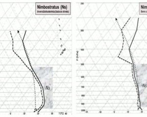 Perfis verticais com provável formação de nuvem nimbostratus: (esquerda) sem CAPE+ e com camada de inversão em baixos níveis; (direita) o contrário. Fonte: Fedorova, Pontes da Silva e Levit (2017).