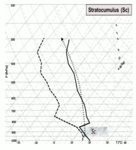 Perfil vertical com provável formação de nuvem stratocumulus formada em camada de alta umidade abaixo de inversão térmica entre 850 e 810 hPa, com camada de instabilidade logo acima. Fonte: Fedorova, Pontes da Silva e Levit (2017).