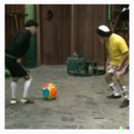 Imagens gerada no DALL-E a partir de cena do Chaves (esquerda)