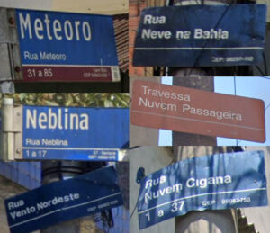 Placas com nomes de ruas com fenômenos atmosféricos. Fonte: Google Street View