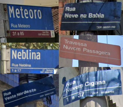 Placas com nomes de ruas com fenômenos atmosféricos. Fonte: Google Street View