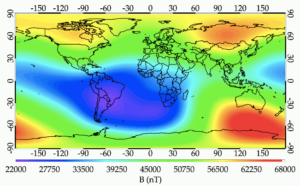 Anomalia magnética da América do Sul (SAMA) em azul (com o centro em violeta), que apresenta campos magnéticos fracos. Fonte: INPE