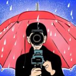 Camera man with umbrella and raining. Fonte: Stable Diffusion