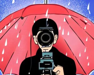 Camera man with umbrella and raining. Fonte: Stable Diffusion