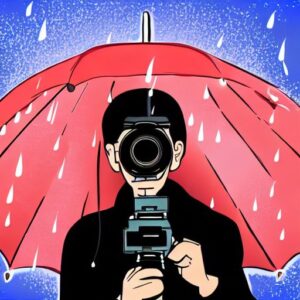 Camera man with umbrella and raining. Fonte: Stable Diffusion