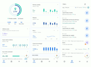 Exemplos de telas do aplicativo Google Fit - Início e Diário