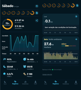Exemplos de telas do aplicativo Sleep Cycle - Registros de uma noite de sono