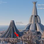 Representação artística da Torre de Babel de Tóquio e outros projetos de super torres - o maior prédio construído atualmente está indicado pela seta vermelha. Fonte: MetalBallStudios
