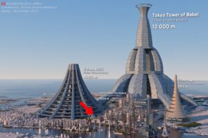 Representação artística da Torre de Babel de Tóquio e outros projetos de super torres - o maior prédio construído atualmente está indicado pela seta vermelha. Fonte: MetalBallStudios
