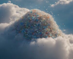 Nuvens e microplásticos (imagem gerada por IA)