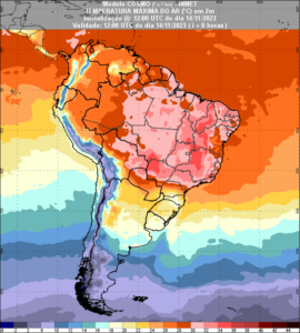 Mapa de temperatura máxima prevista pelo modelo COSMO para 14/11/2023. Fonte: Inmet