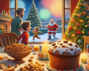 Desenho estilo Pixar de mesa de natal em primeiro plano, nela tendo um panetone e um bowl com nozes, com árvore de natal ao fundo do lado direito e próximo a ela um Papai Noel, ao fundo, uma janela com fogos de artifício estourando; entre a mesa e o plano de fundo, um adulto e duas crianças. Fonte: DALL-E 3