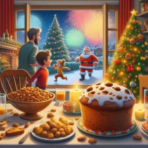 Desenho estilo Pixar de mesa de natal em primeiro plano, nela tendo um panetone e um bowl com nozes, com árvore de natal ao fundo do lado direito e próximo a ela um Papai Noel, ao fundo, uma janela com fogos de artifício estourando; entre a mesa e o plano de fundo, um adulto e duas crianças. Fonte: DALL-E 3