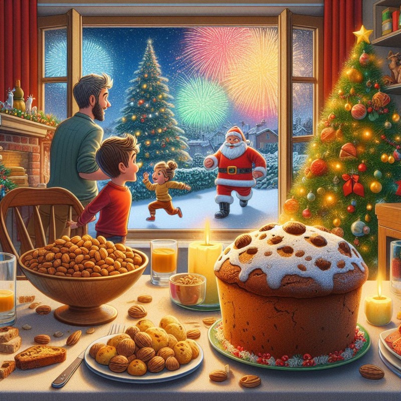 Desenho estilo Pixar de mesa de natal em primeiro plano, nela tendo um panetone e um bowl com nozes, com árvore de natal ao fundo do lado direito e próximo a ela um Papai Noel, ao fundo, uma janela com fogos de artifício estourando; entre a mesa e o plano de fundo, um adulto e duas crianças. Fonte: DALL-E 3