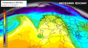 Gota fria no nível de 500 hPa 12h00 UTC. Fonte: Meteored com dados do ECMWF
