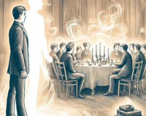 Ilustração de espírito próximo a uma mesa com pessoas reunidas. Fonte: DALL-E 3