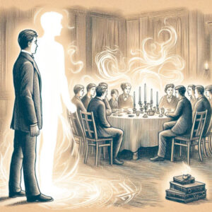Ilustração de espírito próximo a uma mesa com pessoas reunidas. Fonte: DALL-E 3
