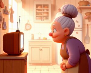 Ilustração de senhora com coque no cabelo assisntido televisão na cozinha de casa. Fonte: DALL-E 3