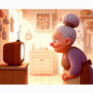 Ilustração de senhora com coque no cabelo assisntido televisão na cozinha de casa. Fonte: DALL-E 3