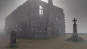 Parte do Castelo de Barcelos em manhã com neblina. Foto: ViniRoger