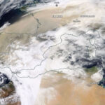 Nuvem de poeira sobre Espanha e França na manhã de 15 de março de 2022. Fonte: NASA Worldview