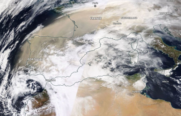 Nuvem de poeira sobre Espanha e França na manhã de 15 de março de 2022. Fonte: NASA Worldview