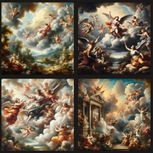 Pintura no estilo barroco contendo nuvens e anjos