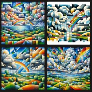Pintura em estilo cubista de uma paisagem contendo nuvens, chuva e arco-íris