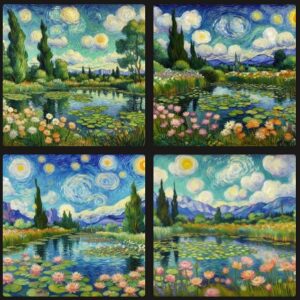 Pintura em estilo impressionista tipo Van Gogh de uma paisagem contendo um lago com ninféias e um céu com algumas nuvens
