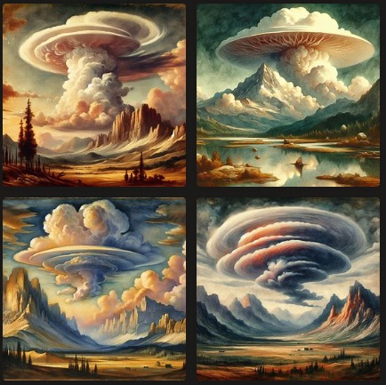 Pintura em aquarela no estilo maneirista, esmarcada por formas distorcidas e uso dramático da luz, de uma paisagem contendo uma montanha e uma nuvem do tipo altocumulus parecendo um disco voador