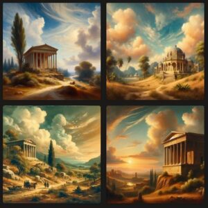 Pintura no estilo neoclassicismo de uma paisagem contendo um edifício greco-romano e nuvens somente do tipo cirrus no céu