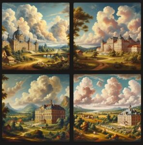 Pintura em estilo rococó de uma paisagem campestre com um palácio europeu e nuvens do tipo cumulus e altocumulus