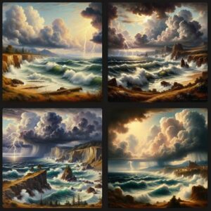 Pintura no estilo do romantismo de uma paisagem de um litoral com ondas fortes, contendo nuvens de tempestade, um raio nuvem-solo e outro raio nuvem-nuvem