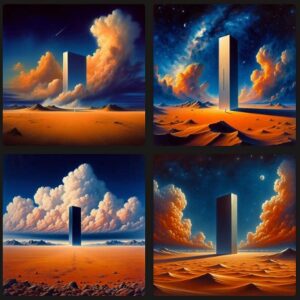 Pintura surrealista estilo Dali de uma paisagem desértica contendo um monolito igual ao do filme 2001 uma odisseia no espaço e nuvens no céu azul escuro