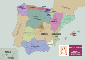 Mapa da Espanha com Comunidades Autônomas e capitais. Fonte: Socialesweb