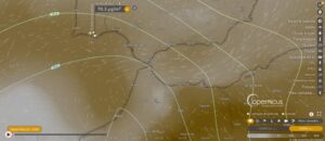 Mapa de massa de poeira do Windy (dados do Copernicus) da concentração de peira (em microgramas por metro cúbico) para a meia-noite de 21 para 22 de março de 2024, com destaque para valor no lugar da foto a seguir