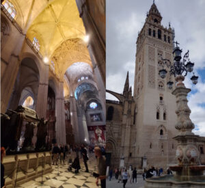 Interior da Catedral de Sevilha, no local do túmulo de Cristóvão Colombo (esq.), e Giralda. Fotos: ViniRoger