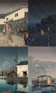 Chuva retratada por Kawase Hasui em diferentes obras