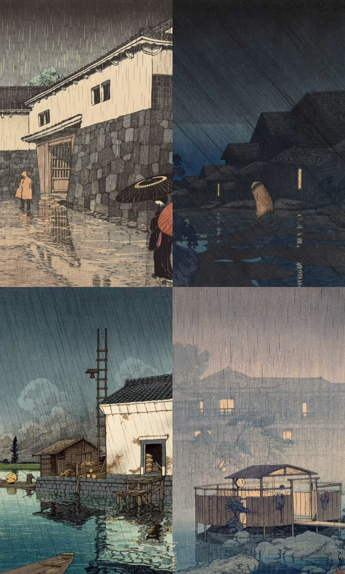 Chuva retratada por Kawase Hasui em diferentes obras
