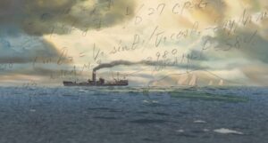 Vidas ao vento: Cálculos de engenharia aeronáutica mesclando com plano aberto de cena com nuvens sobre oceano