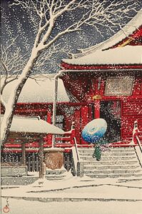 Snow at Kiyomizu (1929) - Neve retratada por Kawase Hasui no estilo ukiyo-e