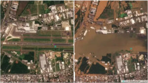 Aeroporto Salgado Filho, em Porto Alegre, antes e depois da enchente do dia 3 de maio. Fonte: Laboratório Lapis, da Universidade Federal de Alagoas via O Globo